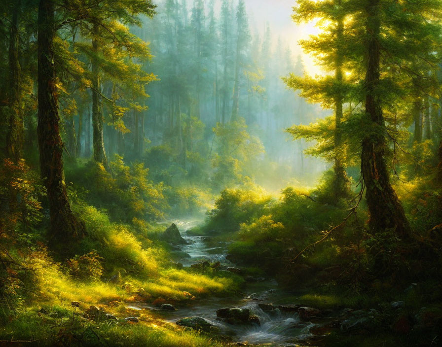 Tranquil forest landscape with babbling brook and sunlit mist.