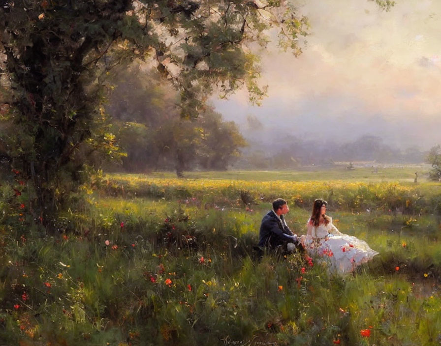 Romantic couple painting in serene meadow with tree and wildflowers