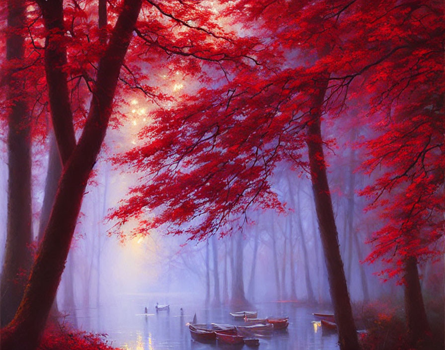 Vibrant red foliage in mystical forest with misty lake and boats