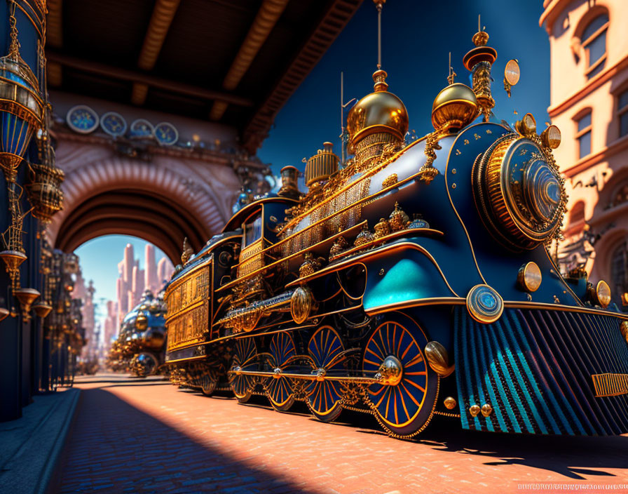 Ornate steampunk-style train amidst Victorian era architecture