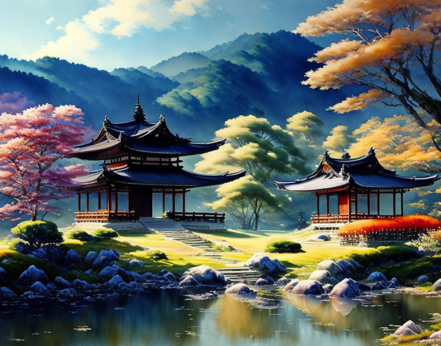 Tranquil Asian landscape with pavilions, trees, mountains, and reflecting pond