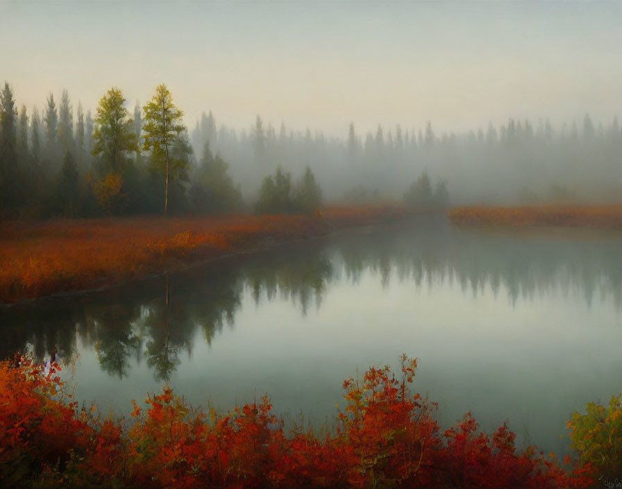 Misty Autumn Forest Reflection in Serene River at Sunrise