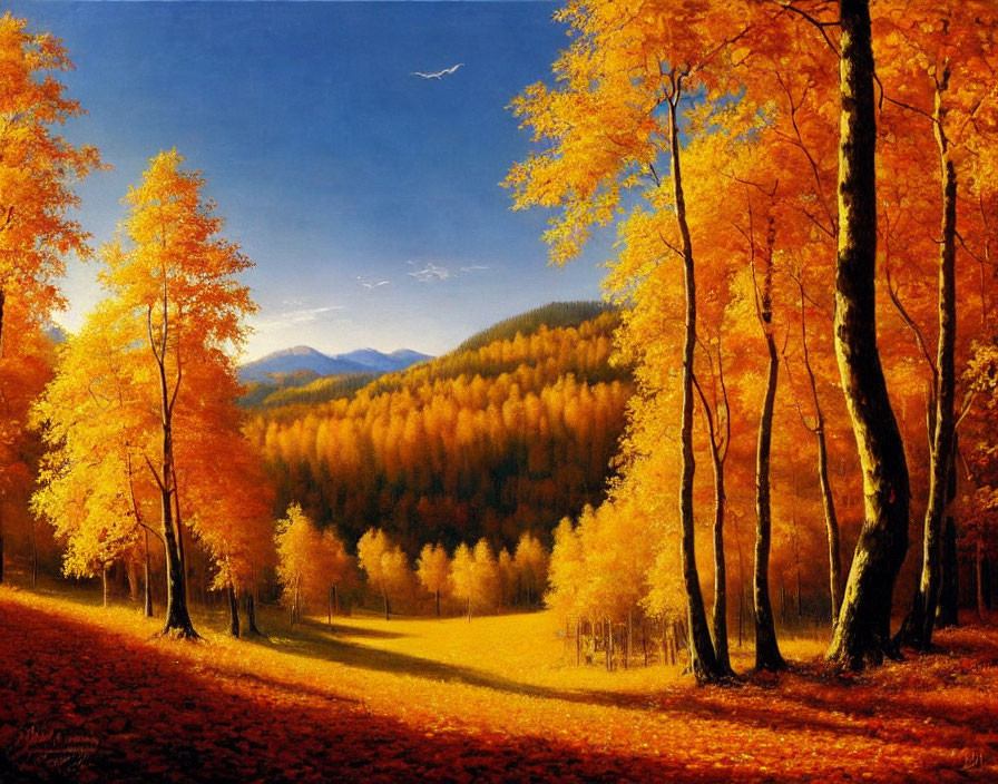 Scenic autumn landscape with golden trees and flying bird