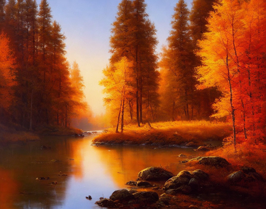 Tranquil autumn landscape with vibrant trees by calm river