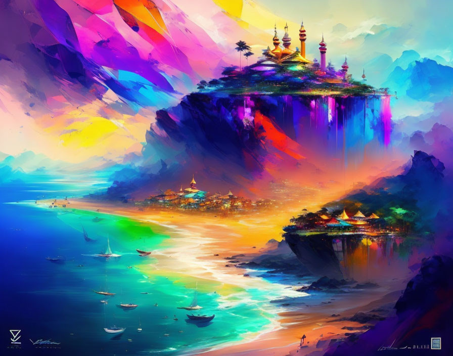 Fantasy artwork: Floating island with temple above colorful coastal landscape