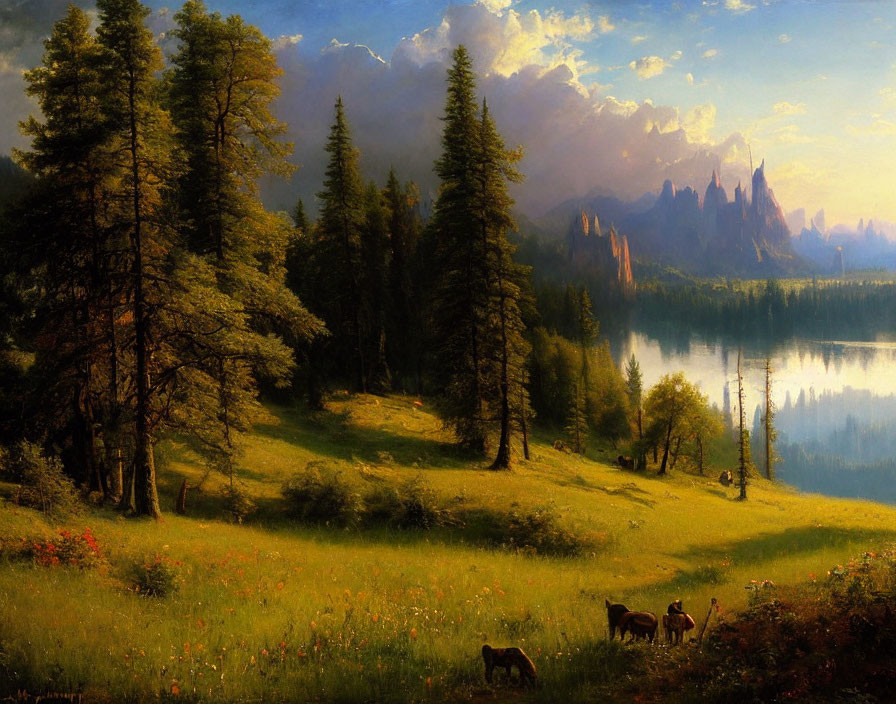 Tranquil landscape with meadow, deer, lake, trees & mountains