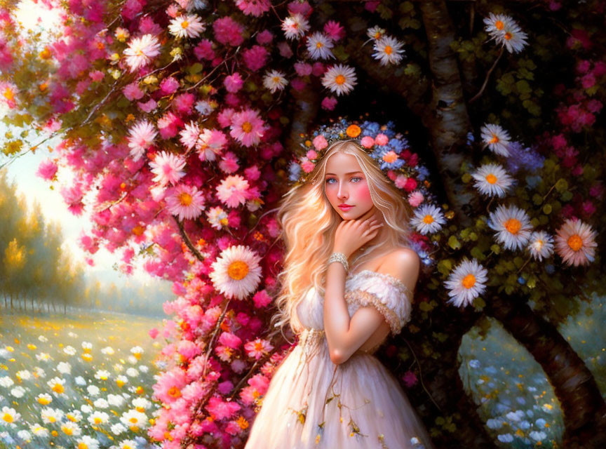 Blonde Woman in Pink Dress with Floral Crown in Blossoming Meadow