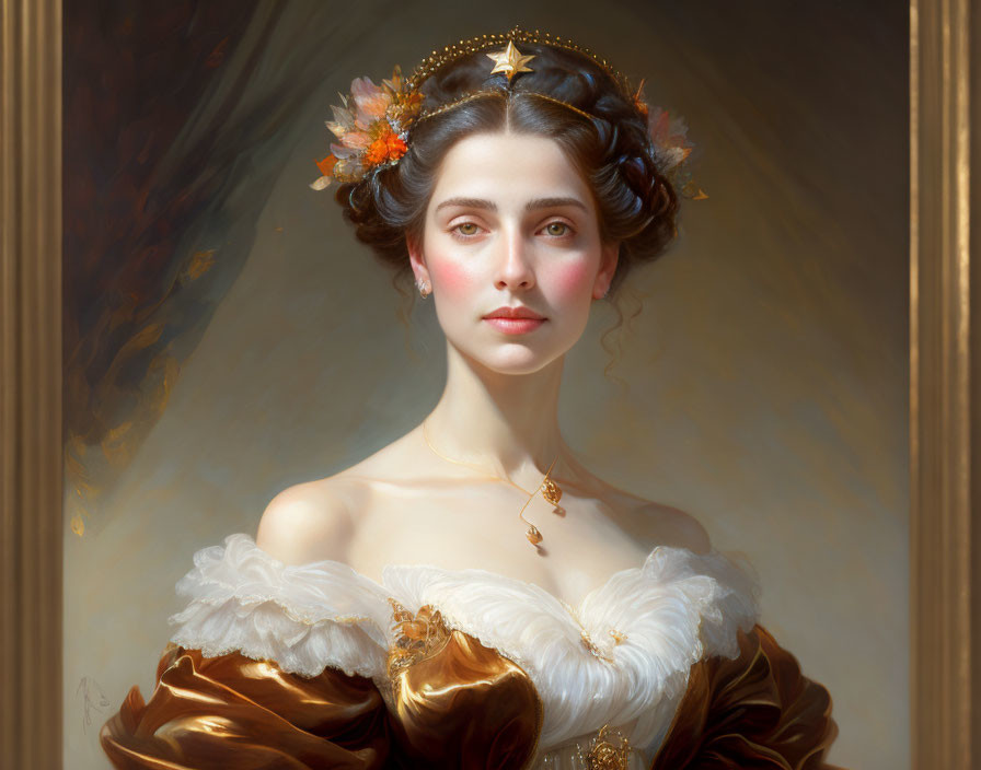 Elegant woman portrait with floral updo and white-gold dress