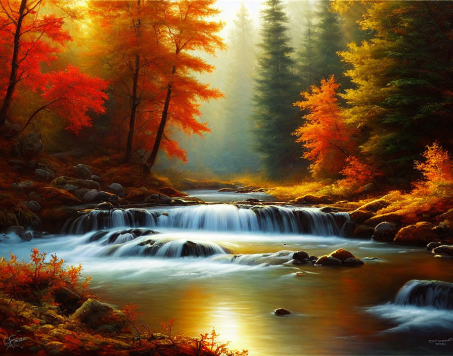 Autumn Waterfall Landscape with Vibrant Trees