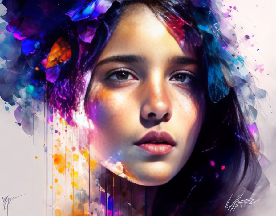 Vibrant digital portrait of a girl with thoughtful expression