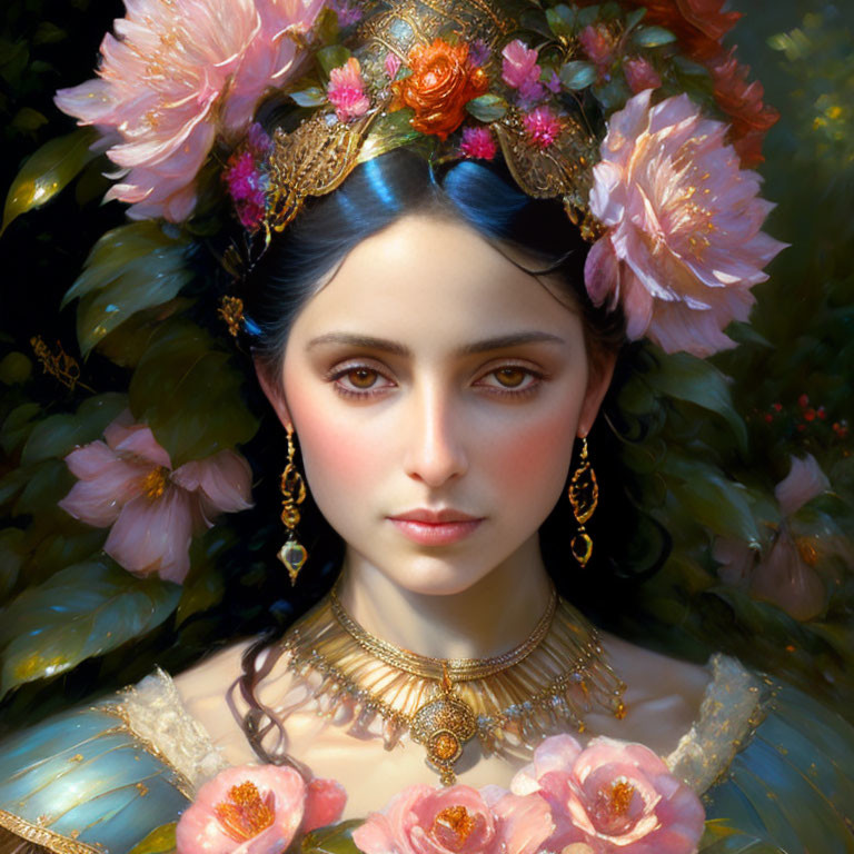 Woman portrait with floral crown, golden jewelry, blue attire, dark leafy backdrop