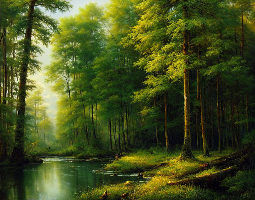 Tranquil forest landscape with river and sunbeams