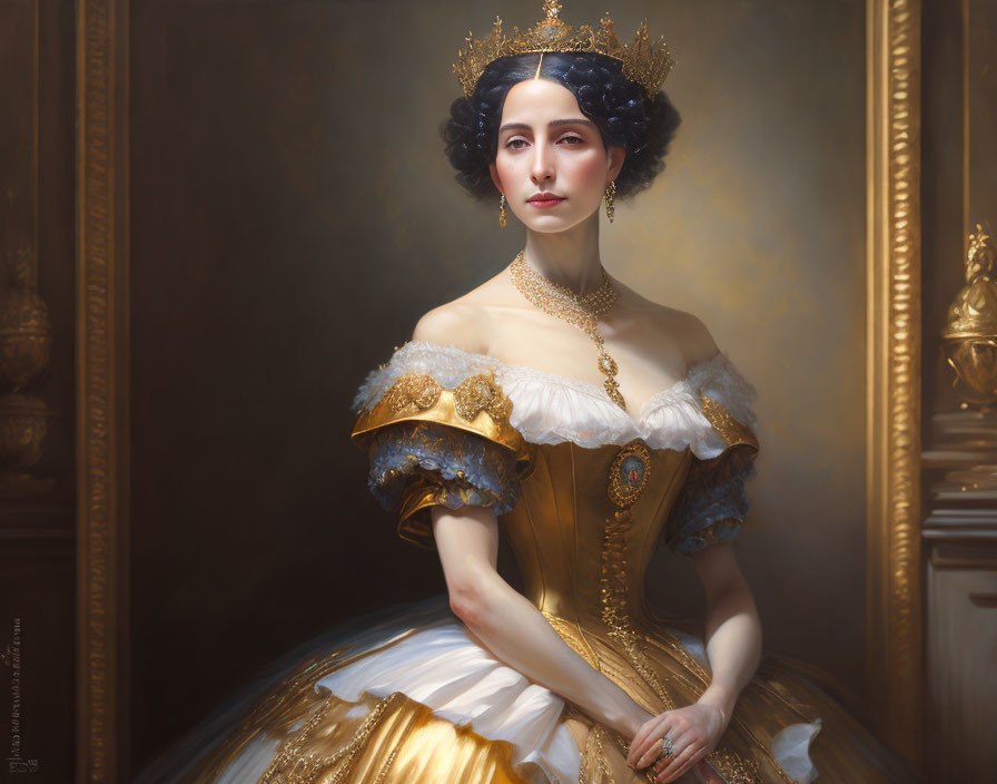 19th-Century Royal Woman Portrait in Gold and White Attire