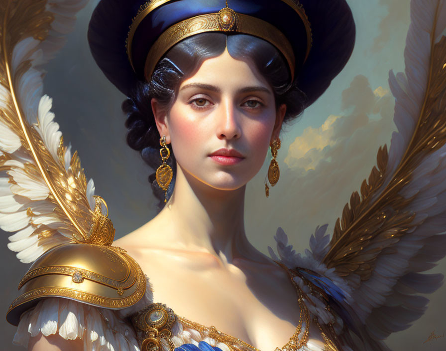 Angel woman with blue headdress and golden armor in serene pose