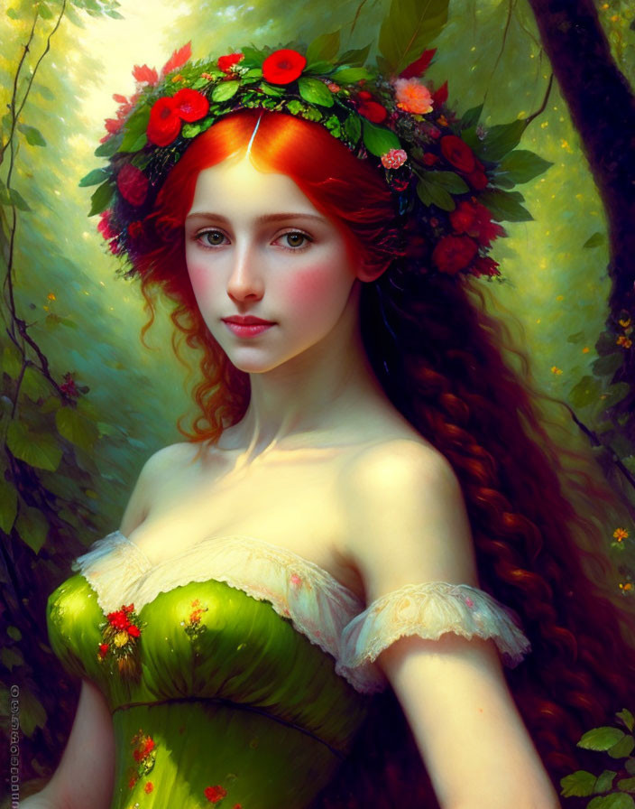 Young woman with auburn hair in flower wreath, green dress, forest background