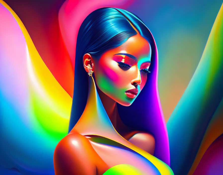 Colorful digital artwork of woman with vibrant lighting on swirling background