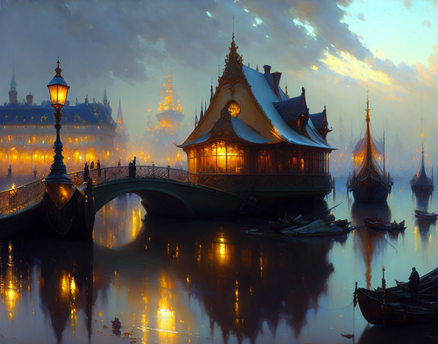 Fantasy waterfront: Ornate buildings, bridge, boats, and glowing lamps at twilight