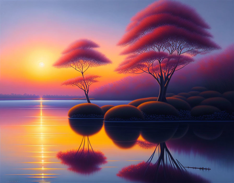 Colorful painting: Trees with red foliage, spherical bushes, sunset sky, and calm water reflection.