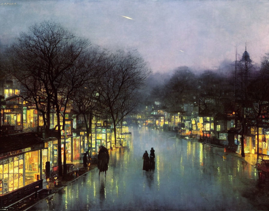 Rainy Night Scene: Glowing Shopfronts, Bare Trees, Figures with Umbrellas