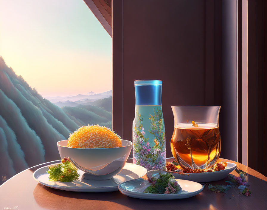 Tranquil scene with noodles, flower bottle, tea bag, and hills view