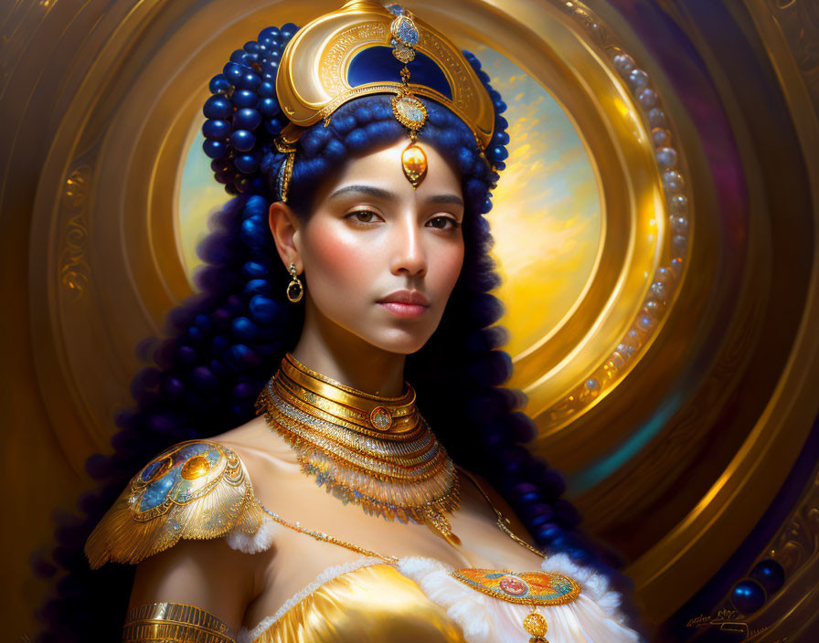 Golden Egyptian royal attire woman with headdress and jewelry against luminous backdrop