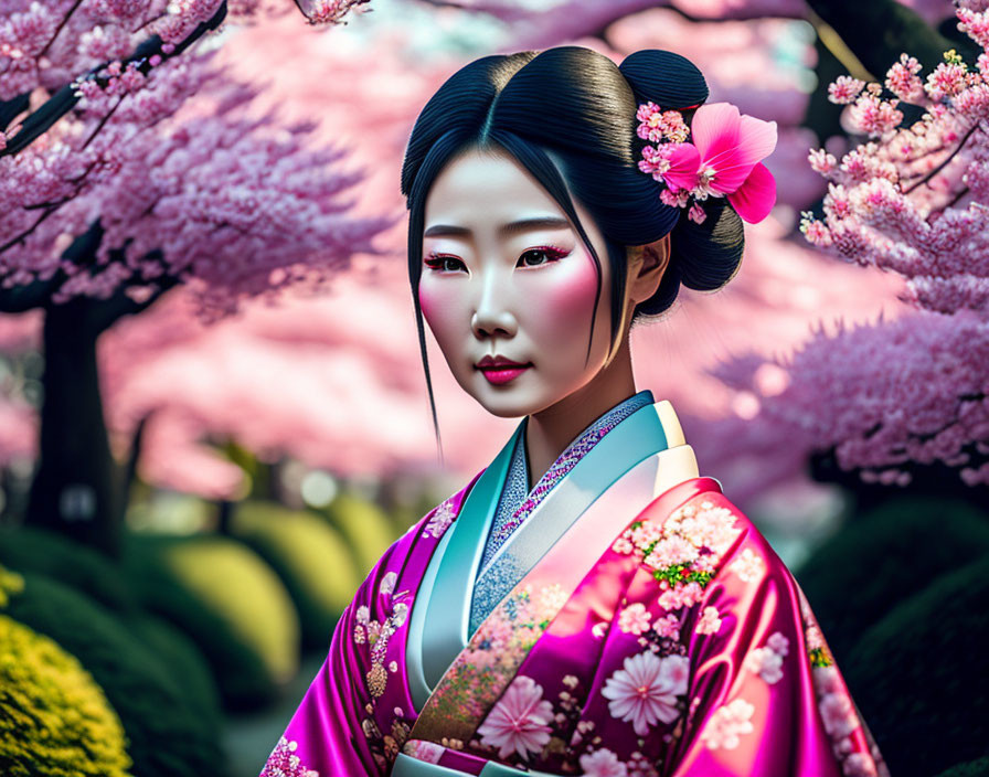 Woman in Vibrant Pink Kimono with Cherry Blossoms