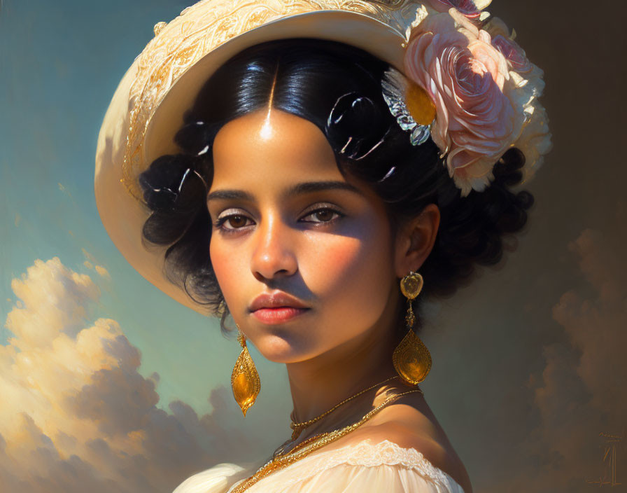 Woman portrait with elegant hat, flowers, golden earrings, serene expression against cloudy sky.