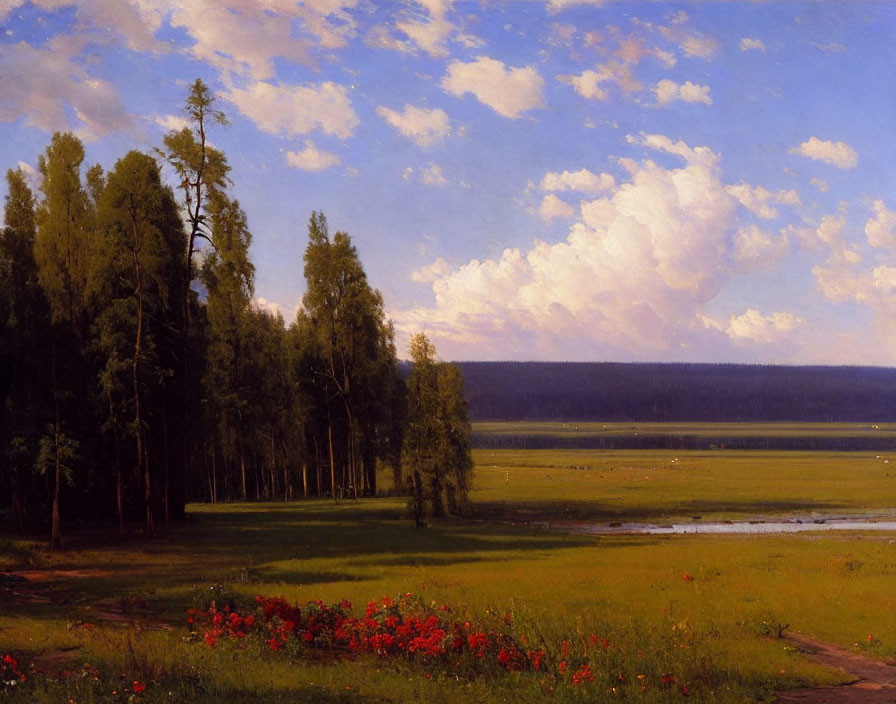 Tranquil landscape painting of green meadow, tall trees, sky, and red flowers