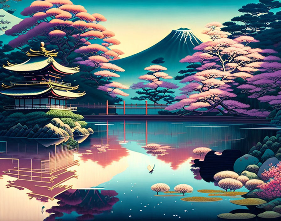Japanese landscape with pagoda, cherry blossoms, Mount Fuji, and reflective pond