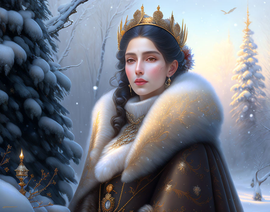 Regal woman with crown in snowy forest holding lantern.