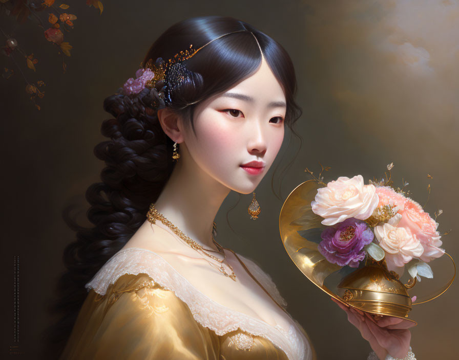 Traditional Attire Portrait with Elegant Hairstyle and Golden Tray