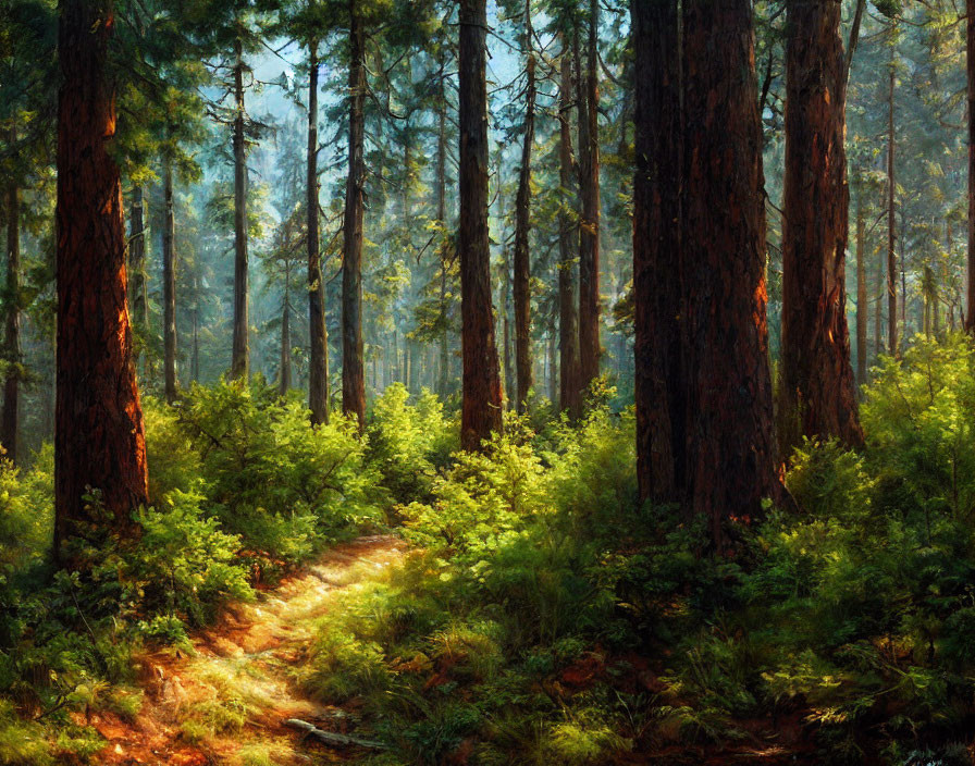 Dense Forest Sunlight Illuminating Narrow Trail