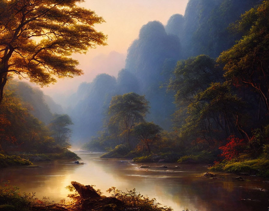 Tranquil river in lush forest with misty cliffs and autumnal trees