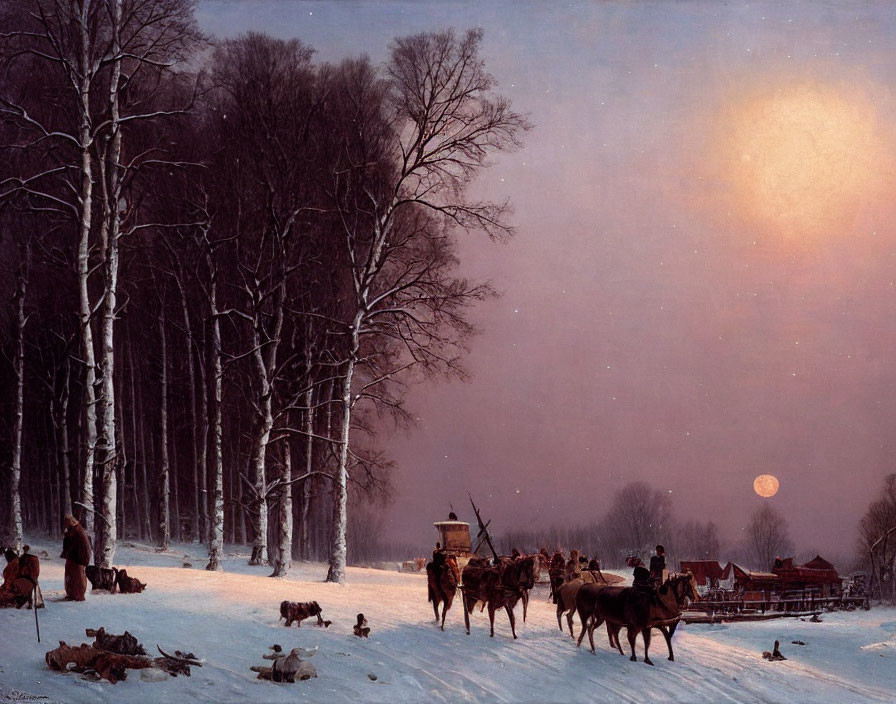 Snowy Dusk Scene: Horse-drawn Sleigh, People, Dogs, Village & Forest