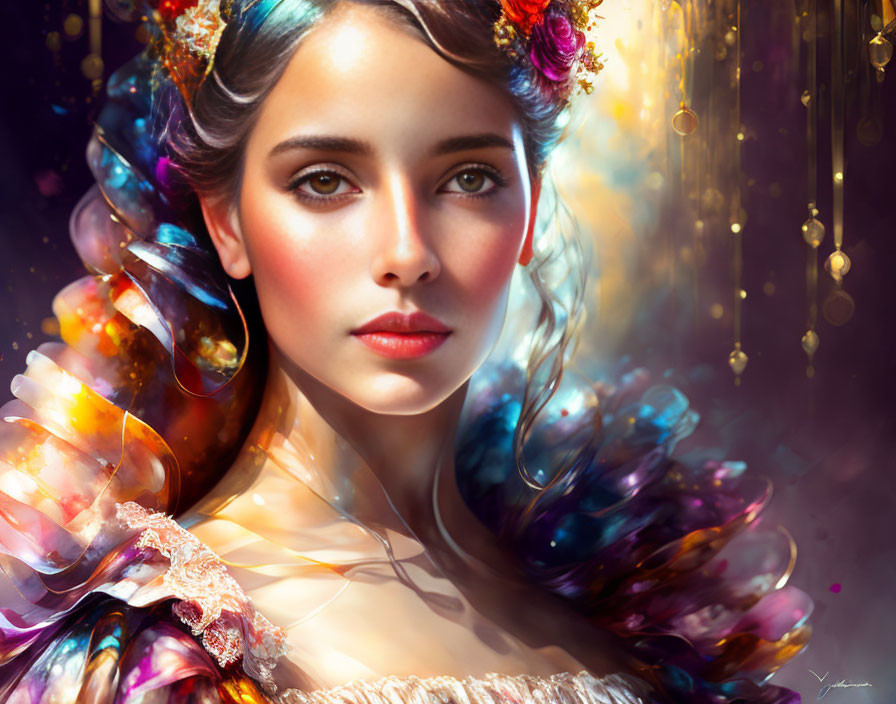 Digital portrait of young woman with colorful flowers, ethereal features, and iridescent butterfly wings