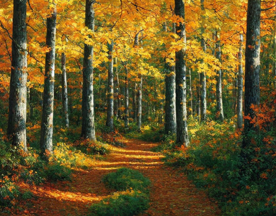 Tranquil Autumn Forest Path with Colorful Trees