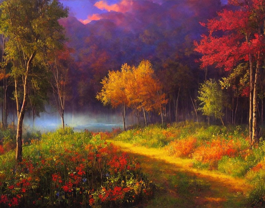 Colorful autumn forest with winding path under blue sky