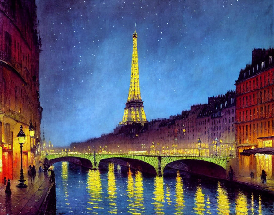 Impressionist-style painting of Eiffel Tower at night with river reflections