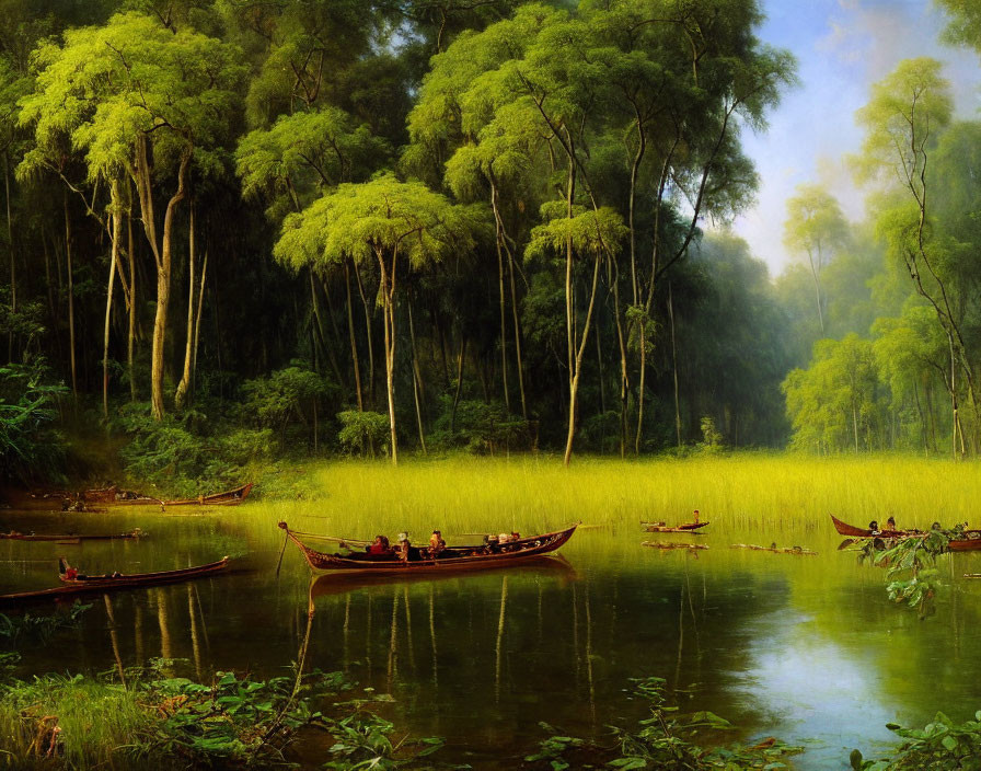 Serene forest landscape with green trees and rowing boats