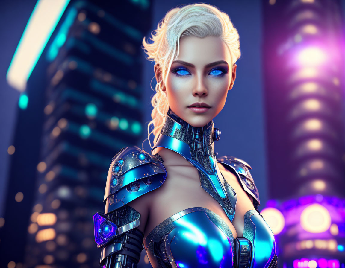 Female cybernetic character with white hair in futuristic blue armor against neon-lit cityscape