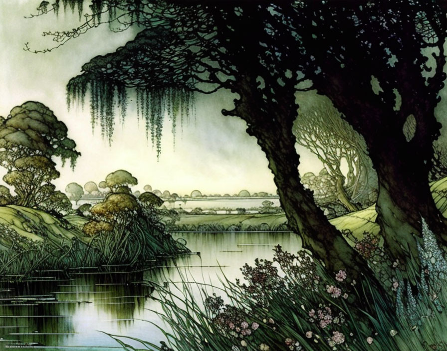 Tranquil pond scene with lush greenery in whimsical style