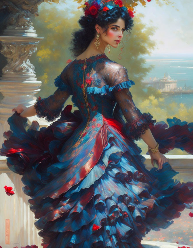 Elegant woman in vibrant blue and red dress with flowers in her hair against classical backdrop