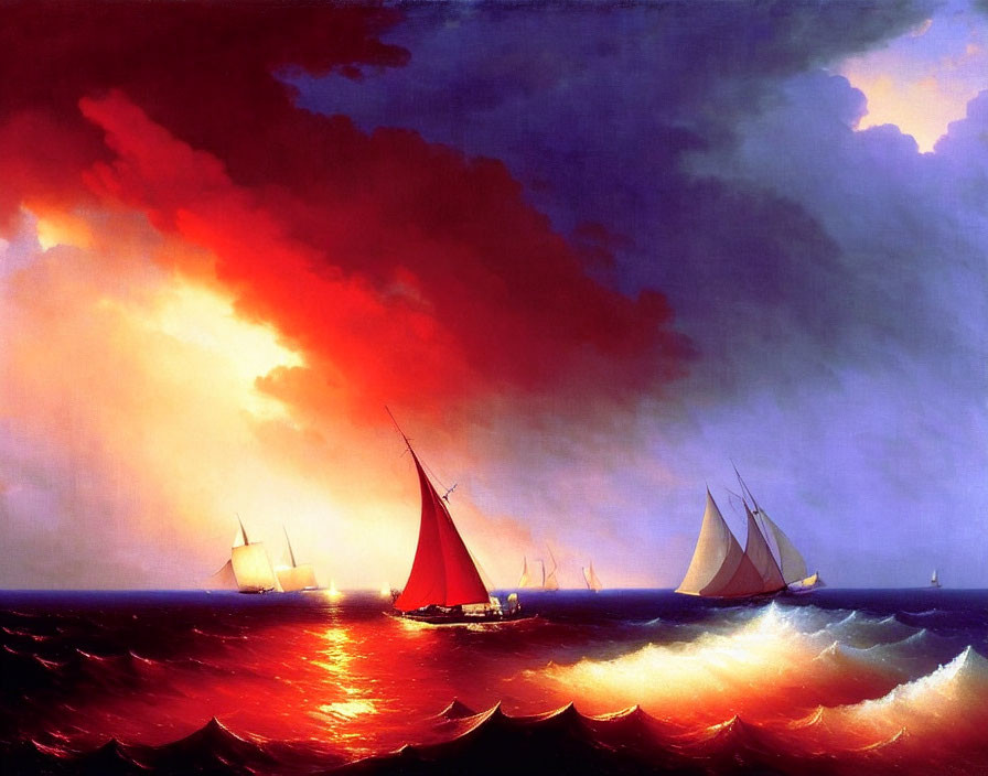 Sailboats on turbulent sea at fiery sunset with red and orange clouds.