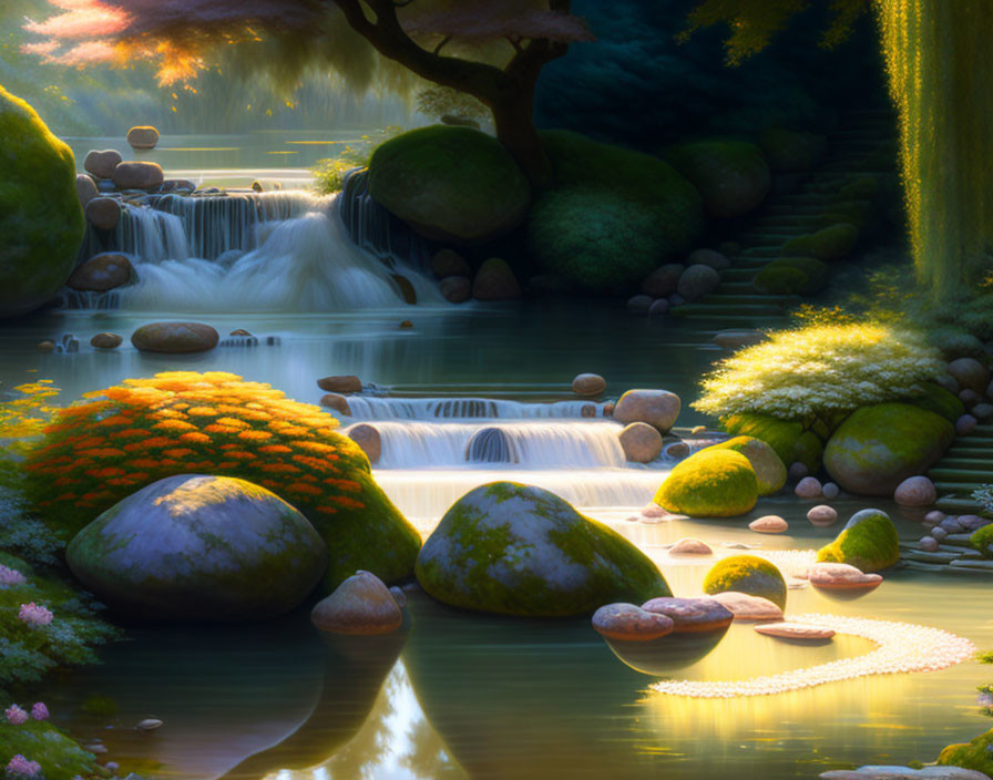 Tranquil Waterfall Landscape with Sunlight and Greenery