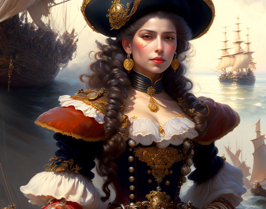 Digital art portrait of woman in pirate costume with ship and sea.