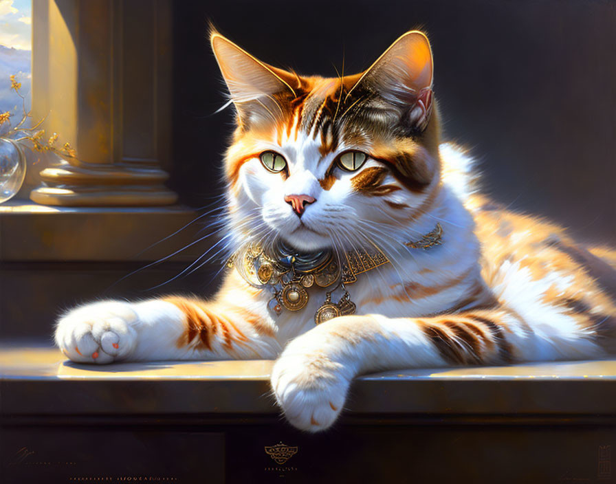 Regal cat with decorative necklace basks in warm light