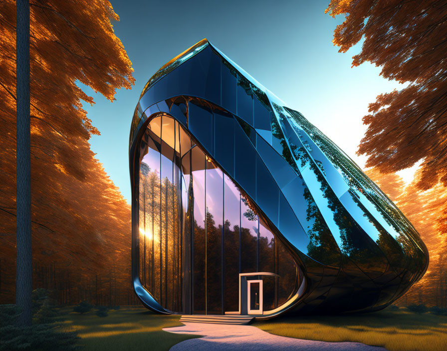 Unique Curved Glass Building Amid Autumn Trees at Sunset