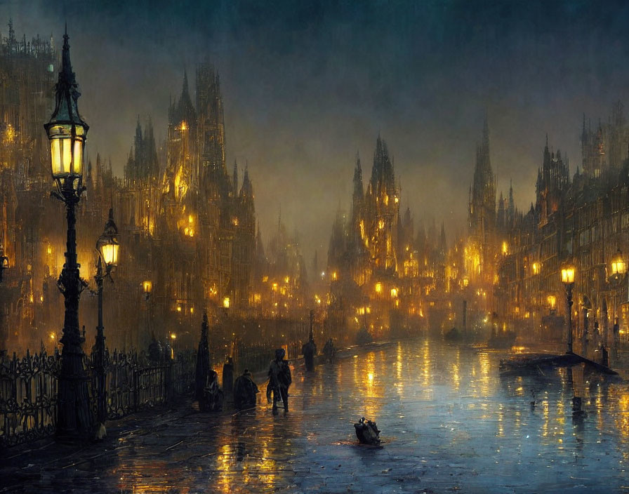 Night street scene with mist, warm streetlights, silhouetted figures, and Gothic architecture.