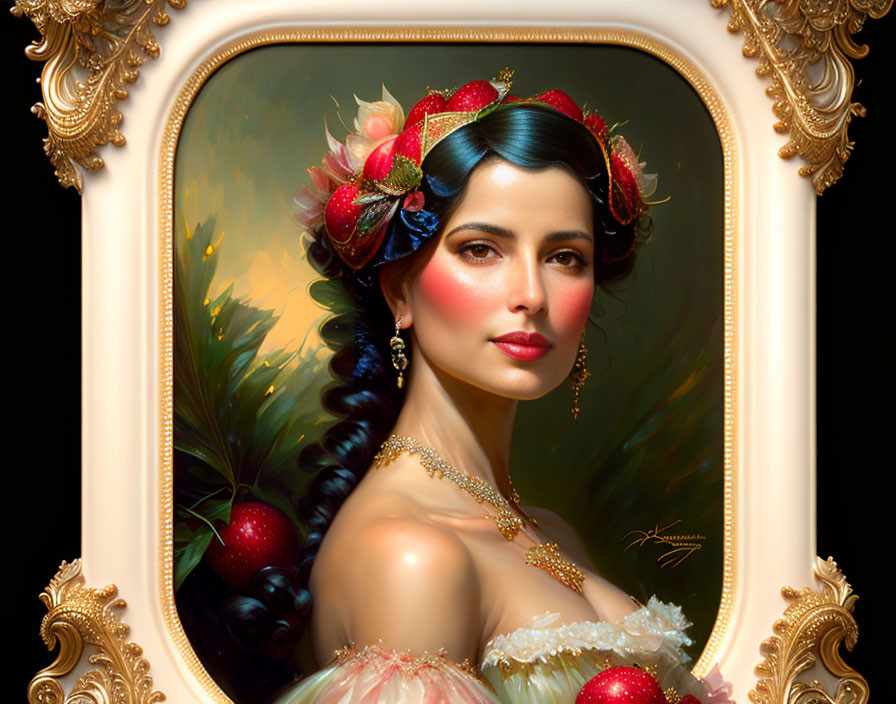 Portrait of woman with floral braid in gilded frame - classical beauty with surreal twist