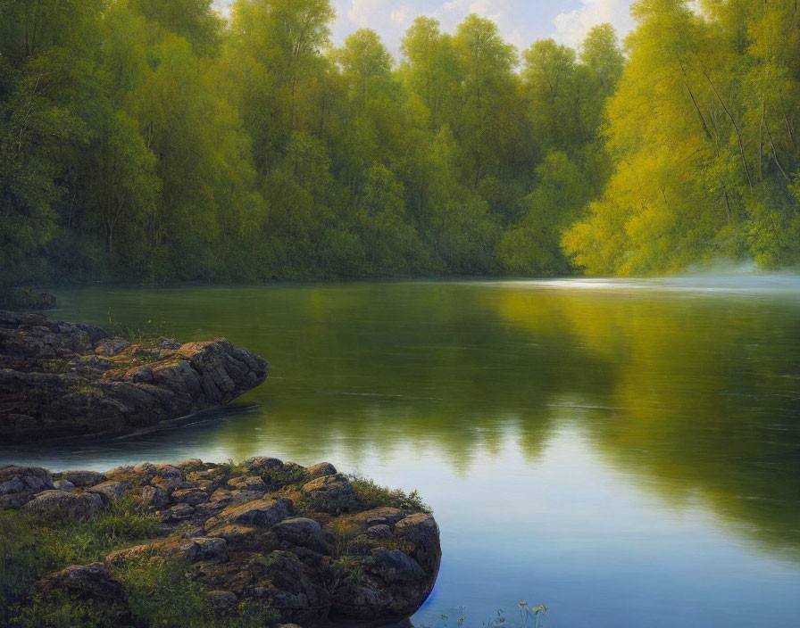 Tranquil river scene with mist, greenery, rocks, and tree reflections.